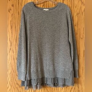 Garnet Hill Gray Cashmere Crew Neck Sweater with Lace Hem